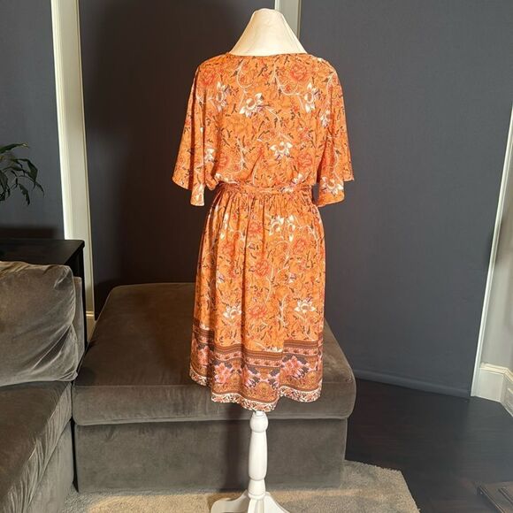 V-Neck Bohemian Orange Floral Print Short Summer Dress Cover Up Size 4XL NEW - Picture 7 of 14